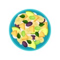 Fruit salad made of banana, pineapple, plum, green grape and yogurt. Tasty dish, top view. Healthy food. Flat vector Royalty Free Stock Photo