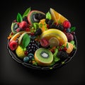 Fruit salad, many different ripe tasty sweet appetizing fruits cut on a plate on a black background close-up, Royalty Free Stock Photo