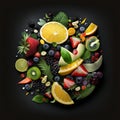 Fruit salad, many different ripe tasty sweet appetizing fruits cut on a plate on a black background close-up, Royalty Free Stock Photo