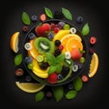 Fruit salad, many different ripe tasty sweet appetizing fruits cut on a plate on a black background close-up, Royalty Free Stock Photo