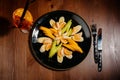 Fruit salad mix, fruit dessert - sliced banana, mandarin, orange, apple.Top view Royalty Free Stock Photo