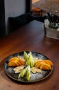 Fruit salad mix, fruit dessert - sliced banana, mandarin, orange, apple.Top view Royalty Free Stock Photo