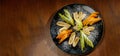 Fruit salad mix, fruit dessert - sliced banana, mandarin, orange, apple.Top view Royalty Free Stock Photo