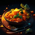 Fruit salad with orange, carrot and mint on a black background AI generated Royalty Free Stock Photo