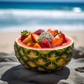 fruit salad is served in a hollowed-out watermelon shell