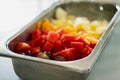 Fruit salad in silver long bowl