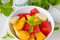 Fruit Salad and Stevia Powder. Natural Sweetener. Royalty Free Stock Photo