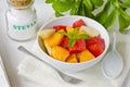 Fruit Salad and Stevia Powder. Natural Sweetener. Royalty Free Stock Photo