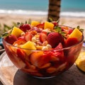 fruit salad with a tall glass of tropical fruit punch