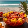 fruit salad with a tall glass of tropical fruit punch