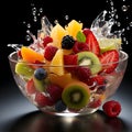 Fruit salad in a transparent plate on a black background with splashes of water Royalty Free Stock Photo