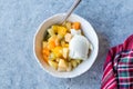 Fruit Salad with Vanilla Ice Cream in Ceramic Bowl Royalty Free Stock Photo