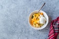 Fruit Salad with Vanilla Ice Cream in Ceramic Bowl Royalty Free Stock Photo