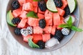 Fruit salad from Watermelon slices, frozen blackberry and lime o Royalty Free Stock Photo