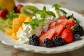 Fruit salad with whipped cream and fresh berries on a wooden table Royalty Free Stock Photo