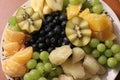 fruit salat, fruits on the plate full of vitamins, bluebery, kowi, pomelo, mandarinsw, grapes