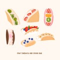 Fruit sando, Japanese fruit sandwich and cream bun vector set. Japan asian food illustration isolated on beige background