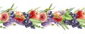 Fruit seamless border watercolor illustration. Elegant realistic decore from ripe apple, grape, fig and green leaves Royalty Free Stock Photo