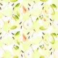 Fruit seamless pattern on an abstract watercolor background. Watercolor pears and seeds. Isolated on white.