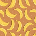 Fruit seamless pattern, bananas with shadow on light brown background. Summer vibrant design. Exotic tropical fruit