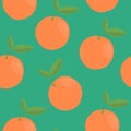 Bright seamless pattern with orange fruits on a green background