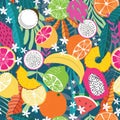 Fruit seamless pattern, collection of exotic tropical fruits with plants and flowers on dark green background. Summer vibrant