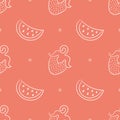 Fruit seamless pattern. Color vector background. Watermelon and strawberry. Summer and spring print. Doodle sketch