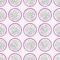 Fruit seamless pattern, dragon fruit slices with shadow on light pink background. Summer vibrant design. Exotic tropical fruit