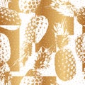 Fruit seamless pattern. Gold pineapple background. Repeated summer design for prints. Repeating fruits texture. Reflection golden