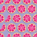 Fruit seamless pattern, grapefruit slices with shadow on purple background. Summer vibrant design. Exotic tropical fruit