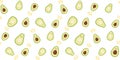 Fruit seamless pattern with kawaii avocado characters with funny faces and crowns on a white background Royalty Free Stock Photo