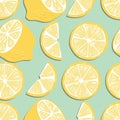Fruit seamless pattern, lemon slices and halves on mint green background. Summer vibrant design. Exotic tropical fruit Royalty Free Stock Photo