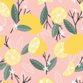 Fruit seamless pattern, lemons with branches and leaves on pink background, summer vibrant design. Exotic tropical fruit Royalty Free Stock Photo