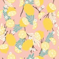 Fruit seamless pattern, lemons with branches, tropical leaves and flowers on pink background. Summer vibrant design Royalty Free Stock Photo