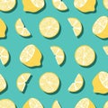 Fruit seamless pattern, lemons with shadow on bright green background. Summer vibrant design. Exotic tropical fruit Royalty Free Stock Photo