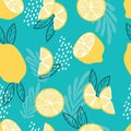 Fruit seamless pattern, lemons with tropical leaves and abstract elements on bright blue background. Summer vibrant design Royalty Free Stock Photo