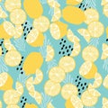 Fruit seamless pattern, lemons with tropical leaves and abstract elements on light blue background. Summer vibrant design Royalty Free Stock Photo