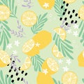 Fruit seamless pattern, lemons with tropical leaves, flowers and abstract elements on light green background Royalty Free Stock Photo