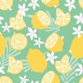 Fruit seamless pattern, lemons with tropical leaves and flowers on green background. Summer vibrant design. Exotic tropical fruit Royalty Free Stock Photo