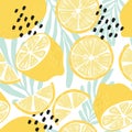 Fruit seamless pattern, lemons on white background with tropical leaves and abstract elements. Summer vibrant design