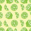 Fruit seamless pattern, lime halves and slices with shadow on bright yellow background. Summer vibrant design. Exotic tropical Royalty Free Stock Photo