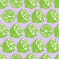 Fruit seamless pattern, lime halves and slices with shadow on light purple background. Summer vibrant design. Exotic tropical Royalty Free Stock Photo