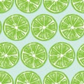 Fruit seamless pattern, lime slices with shadow on bright blue background. Summer vibrant design. Exotic tropical fruit