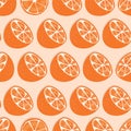 Fruit seamless pattern, orange halves with shadow on light pink background. Summer vibrant design. Exotic tropical fruit