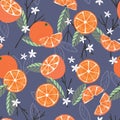 Fruit seamless pattern, oranges with branches, leaves and flowers on dark blue background. Summer vibrant design. Exotic tropical Royalty Free Stock Photo