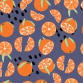 Fruit seamless pattern, oranges with leaves and abstract elements on purple background. Summer vibrant design. Exotic tropical Royalty Free Stock Photo