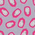 Fruit seamless pattern, papaya halves on light purple dotted background. Summer vibrant design. Exotic tropical fruit Royalty Free Stock Photo