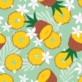 Fruit seamless pattern, pineapple with tropical leaves and flowers on green background. Summer vibrant design. Exotic tropical Royalty Free Stock Photo