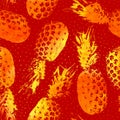 Fruit seamless pattern. Red pineapple background. Design summer prints. Repeating watercolor fruits texture. Reflection orange ana