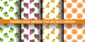 Fruit seamless pattern set. Grapes, pear and orange slice. Food print for clothes or linens. Fashion design. Beauty vector sketch